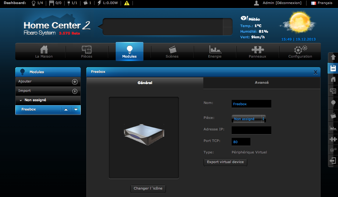 Création du périphérique virtuel sur la box domotique Home Center 2 de Fibaro