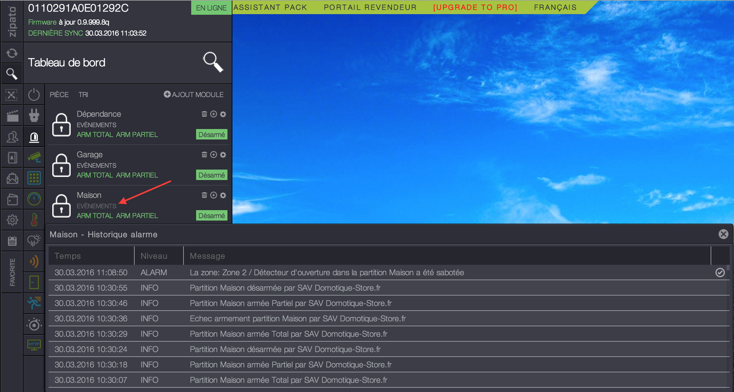 Evènement Alarme Zipabox