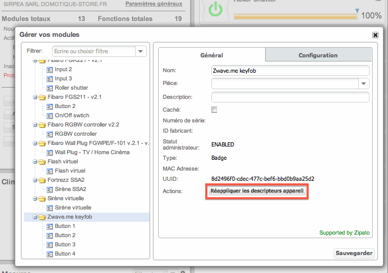 Menu paramètres des modules de la Zipabox